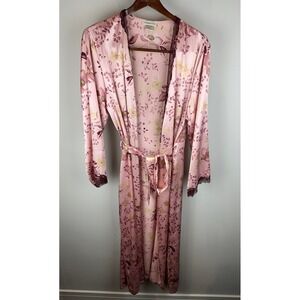 JONES NEW YORK Womens L XL Pink Floral Satin Lace Robe Kimono Duster